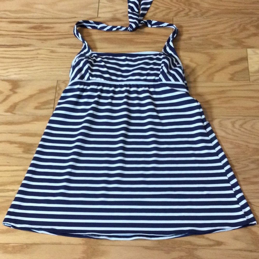 6 Lands’ End Navy and White Striped Halter Tankini